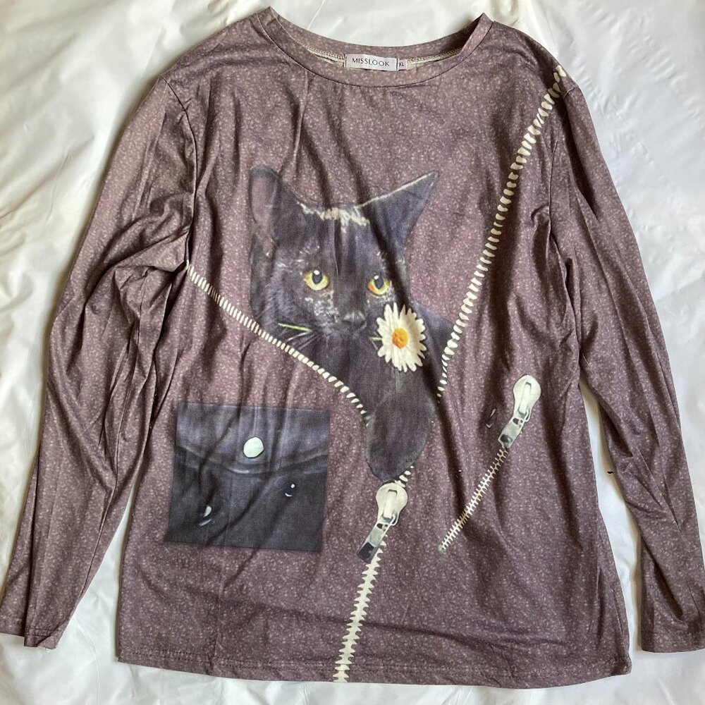 Misslook Black Cat Pullover Graphic Long Sleeve Top - Dandelion, Pockets, Zipper